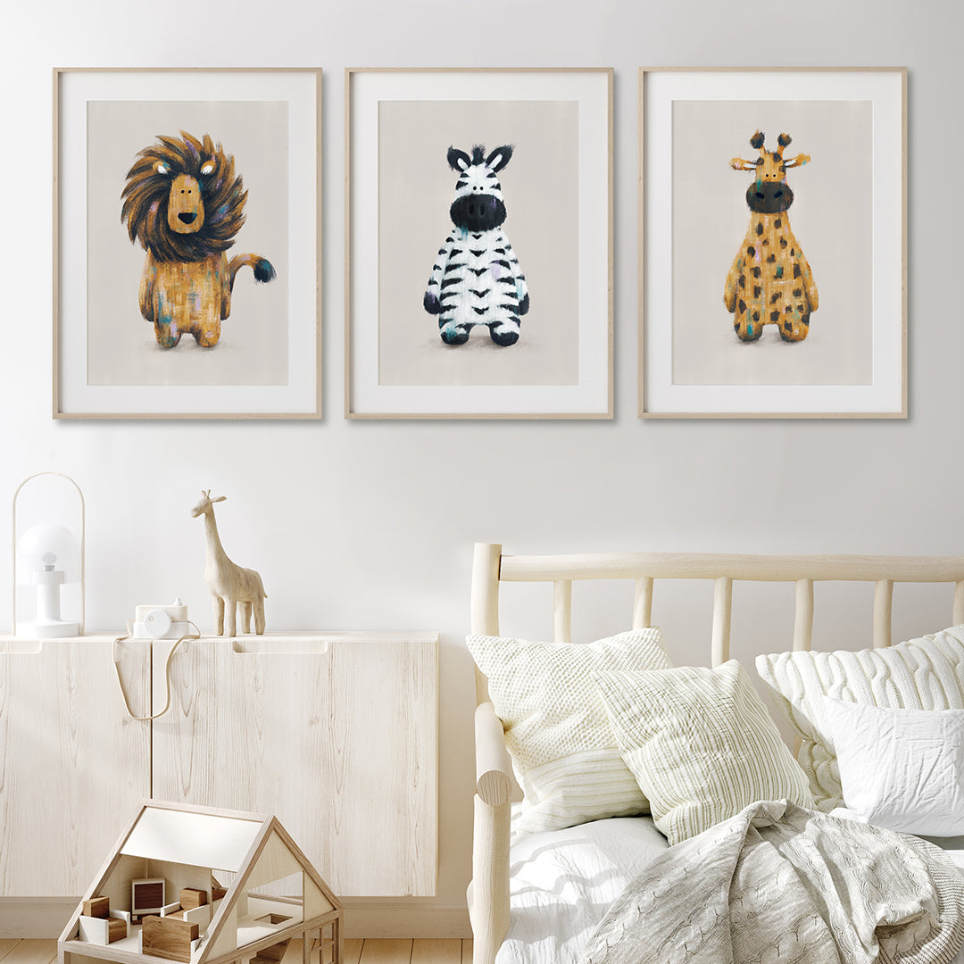 Tigercub Prints Neutral Safari Animals Nursery Prints Set of 3 (3 Sizes Available)