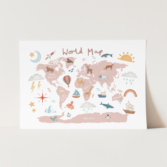 World Map Art Print In Rose Pink by Kid of the Village (6 Sizes Available)