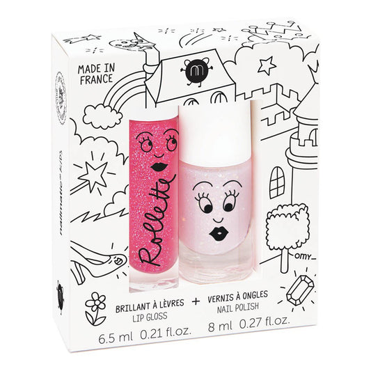 Nailmatic Natural Lip Gloss & Varnish Duo - Fairytales (Raspberry/Powder Pink Glitter)