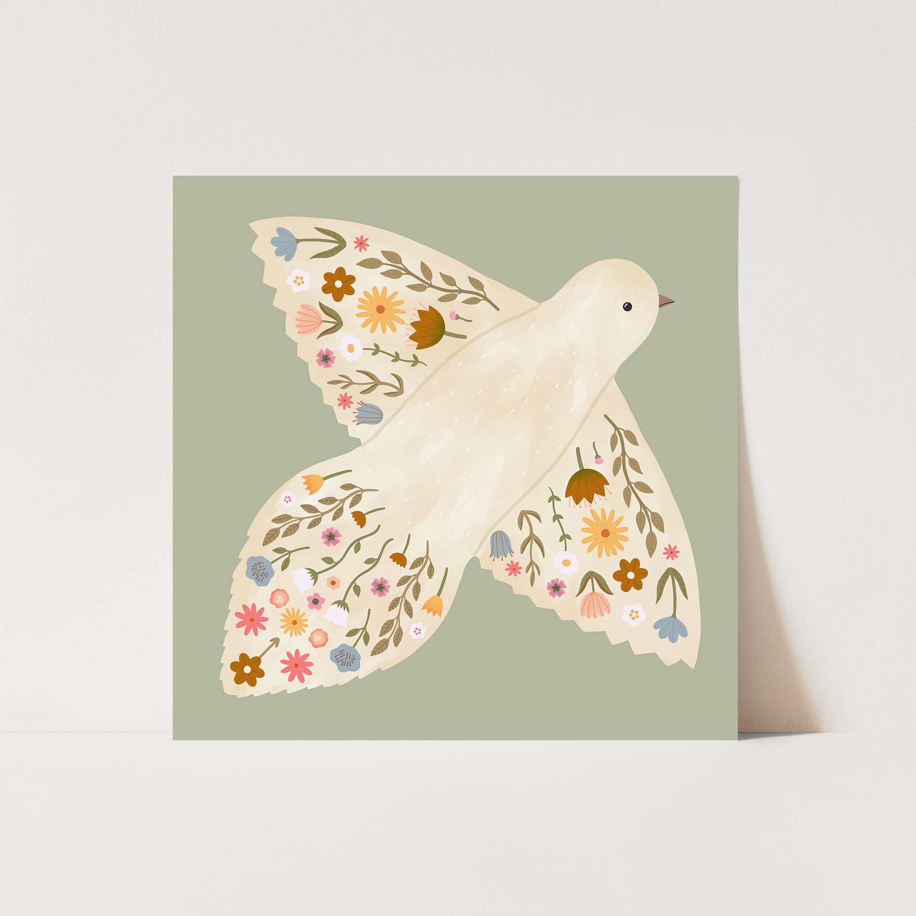 Floral Dove Art Print In Sage by Kid of the Village (2 Sizes Available)
