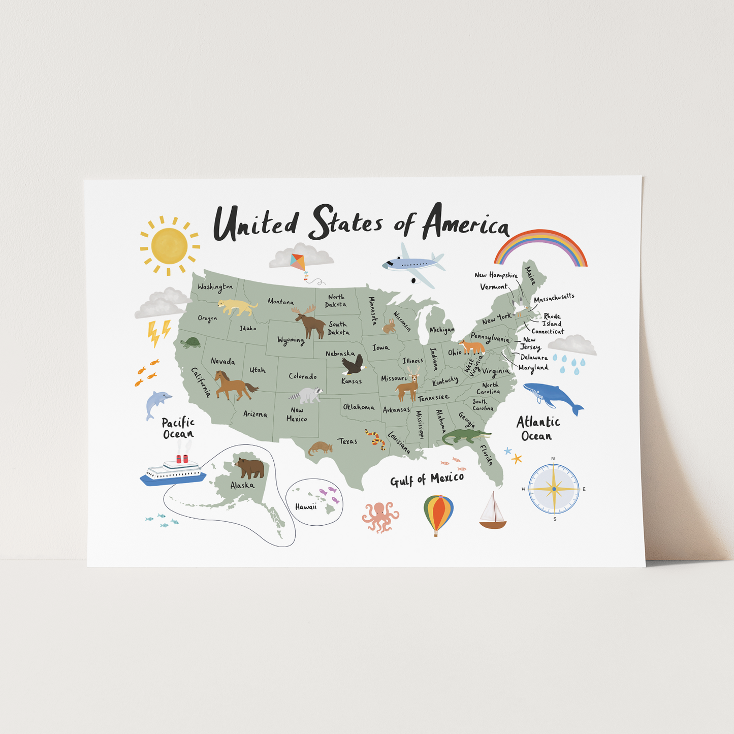 United States Of America Art Print In White by Kid of the Village (6 Sizes Available)