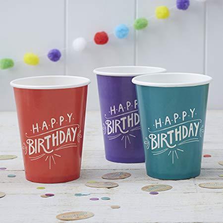Paper Cups 8 Pack - 'Happy Birthday' Kraft By Ginger Ray