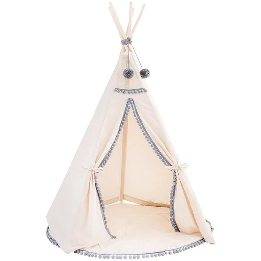 Minicamp Kids Teepee in Off-White with Grey Pom Poms
